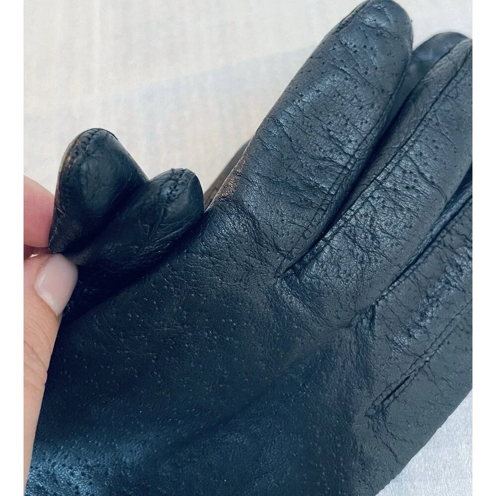 Vintage Italian Black Leather Gloves Rabbit Fur Lined Size 7.5 Made in Italy
